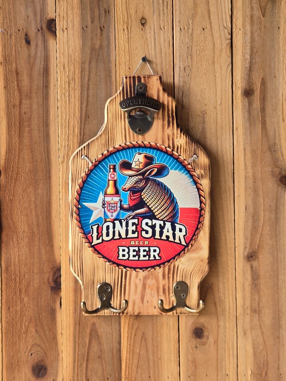 Lone Star Beer Wall Mount Plaque Vintage Look Solid Wood w Bottle Opener & Hooks